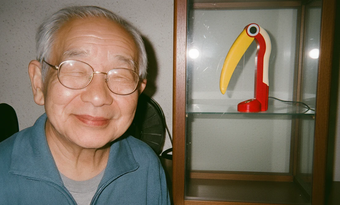 A smiling older man next to a red and yellow Toucan Lamp in a glass cabinet
