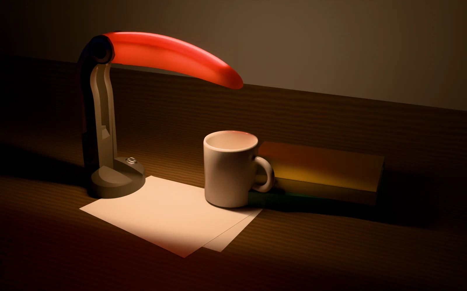A Toucan Lamp in Black + Orange lighting white paper, a mug and books on a walnut desk at night, at 2700K